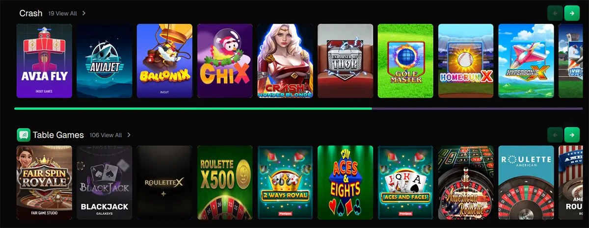 Casino homepage section showing two horizontal game carousels: “Crash” and “Table Games”, featuring various game thumbnails, including crash-style titles and classic casino games, with navigation arrows for browsing