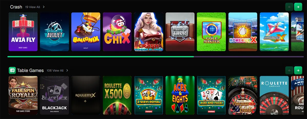 Casino homepage section showing two horizontal game carousels: “Crash” and “Table Games”, featuring various game thumbnails, including crash-style titles and classic casino games, with navigation arrows for browsing