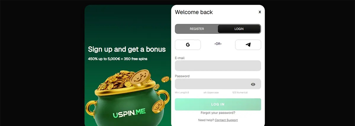 Casino login pop-up with email and password fields, social login options, and a “Log In” button, displayed alongside a promotional banner offering 450% up to €5,000 + 350 free spins with a coin-filled pot graphic