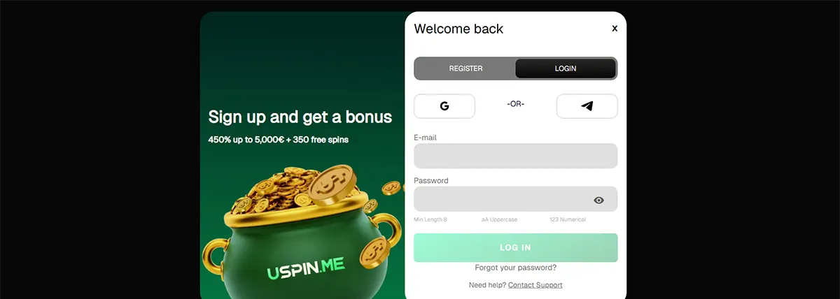 Casino login pop-up with email and password fields, social login options, and a “Log In” button, displayed alongside a promotional banner offering 450% up to €5,000 + 350 free spins with a coin-filled pot graphic